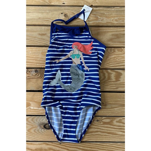 NWT Boden Mermaid One Piece Swimsuit Size 8-9 Girl's Blue Stripe Swim